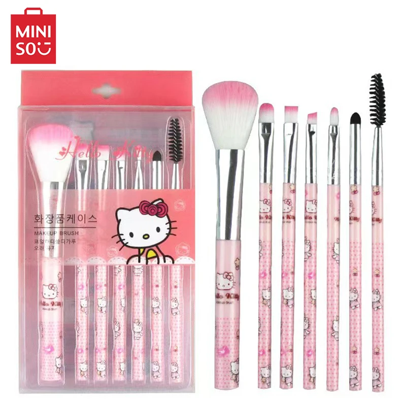 7 Pcs Hello Kitty Makeup Brush Set Miniso Sanrio Cartoon Anime Figures Blush Eye Shadow Loose Powder Lipstick Makeup Tools Girls