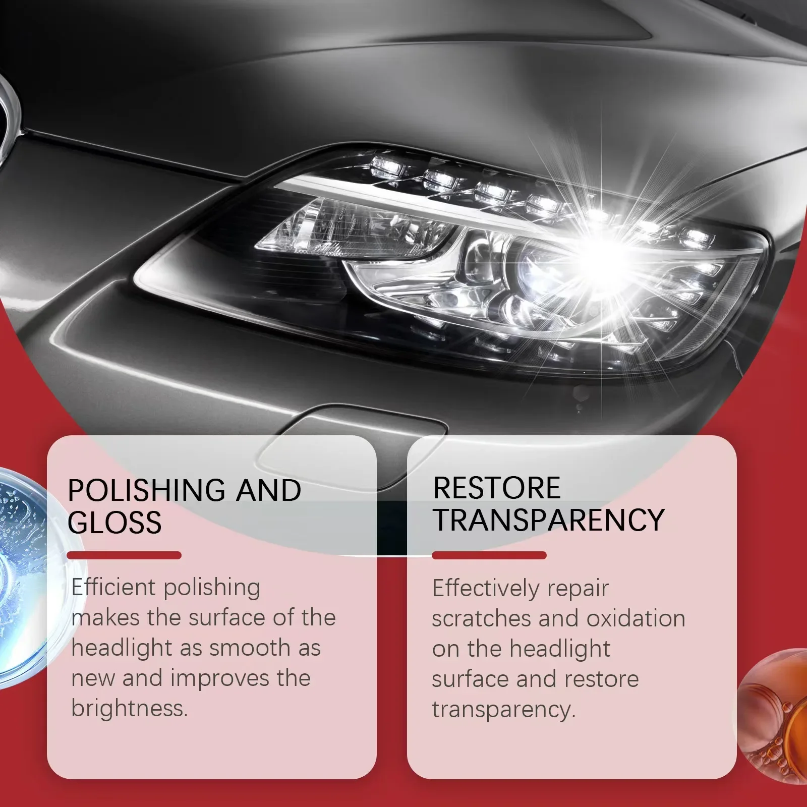 Car headlight repair paste, car headlight care, dust removal, cleaning, stains, brightening, polishing, refurbishment paste