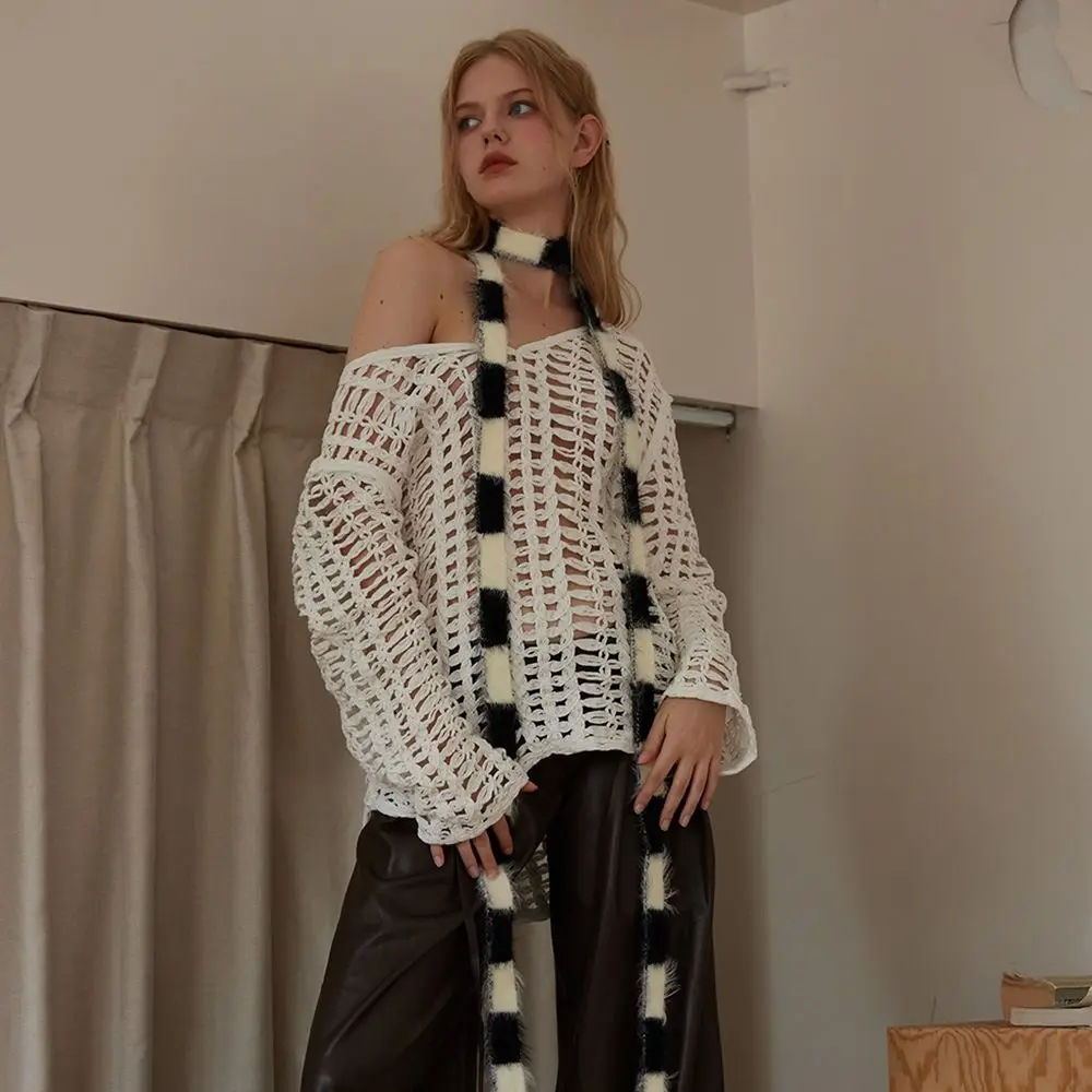 

Тонкий плюшевый шарф из искусственного меха норки, Осень-зима, острая Женская длинная полоска, роскошный брендовый дизайнерский винтажный чокер с ручками