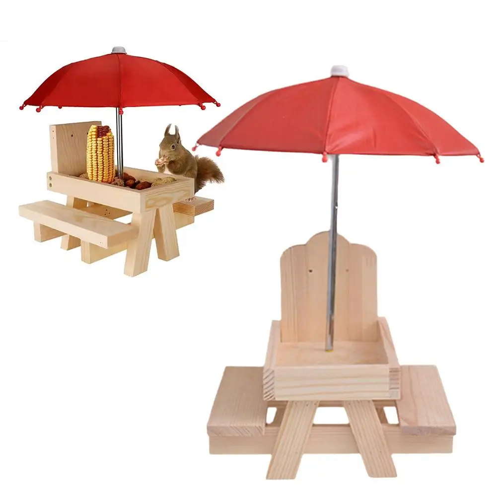 Pet Feeder Wooden Bird Squirrel Feeder Functional Pet Feeding Decoration Home Umbrella Garden Table With Mini Picnic Bench J7S4