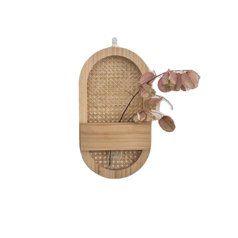 Natural Wood Wall-Mounted Vase Japanese Zen Wall Sticker Guesthouse Living Room Dried Flower Ornament Handmade Rattan Home Decor