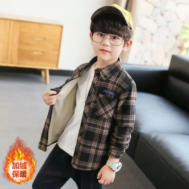 2022 Winter Children Shirts Boys Warm Shirts Kids Plaid Tops Long Sleeved Clothing Fleece Thicken Shirt for Boys