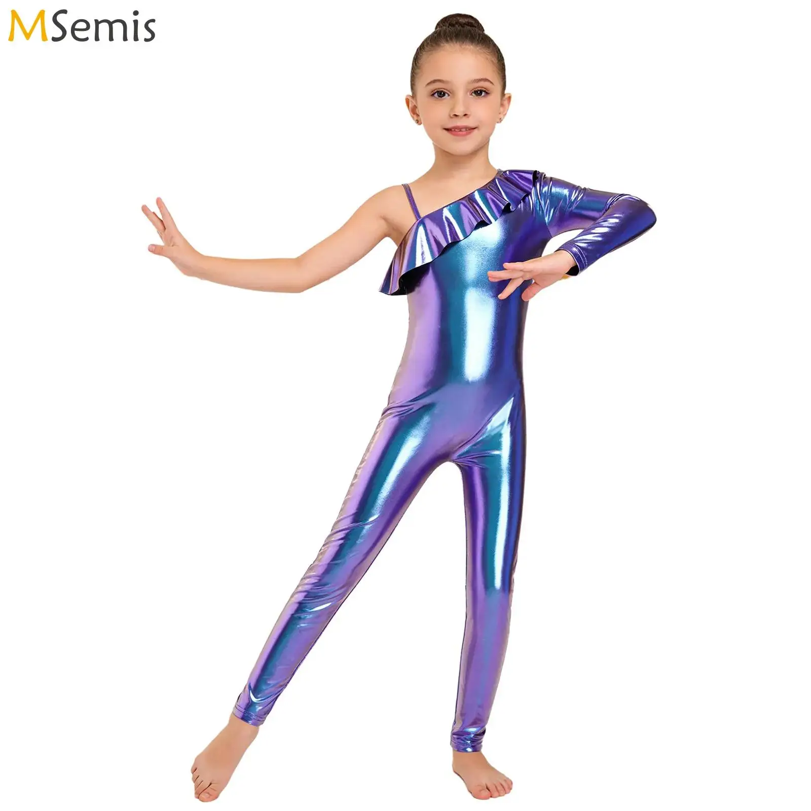macacao-de-danca-jazz-para-meninas-com-ombro-Unico-brilhante-macacao-de-performance-com-babado-metalico-e-ziper-lateral-invisivel