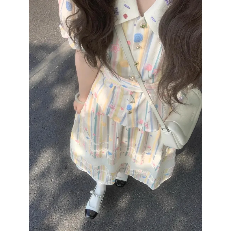 

Academy Sweet Printed Candies Pull Sleeve Polo Neck Lace-up Waisted Shirt Women A-line Ankle Length Skirt Summer Chic Two Pieces