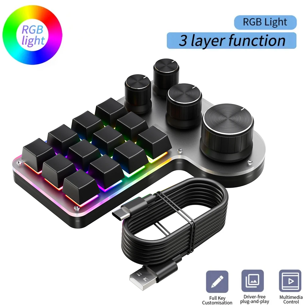 12 Keys 4 Knobs Mechanical Gaming Keyboard Hot-swap USB Wired/Bluetooth-Compatible Programming Macro Keypad for Gamers/Designers