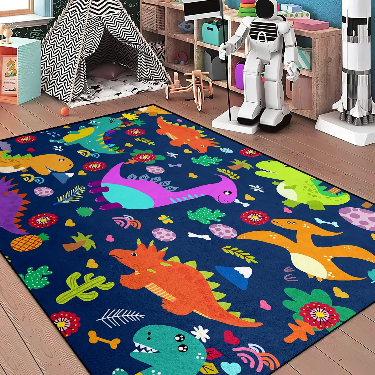 Dinosaur Theme Kids Play Carpet Boys Bedroom Rugs Cute Cartoon Dinosaur Decor Kids Area Rug Non-Slip Washable Playroom Rugs