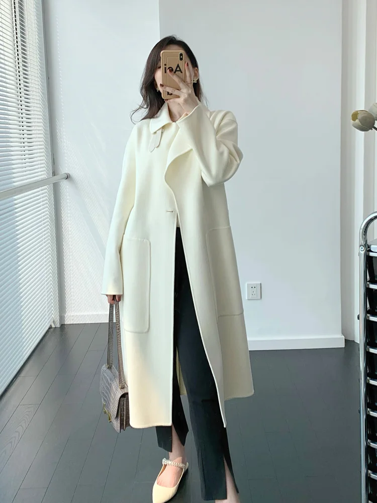 

Leather Buckle Cashmere Coat Medium Length Women's Double-sided Woolen Coat