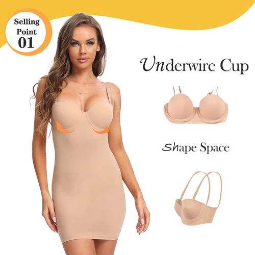 Imagen 2 del producto Adelgazante de longitud completa Shapewear Slips vestido de tubo recto desnudo moldeador de cuerpo mujeres flacas debajo de los vestidos copa con aros negro