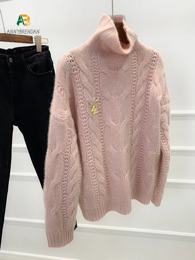 Pink New Women's Turtleneck Twist Cashmere Sweater Thickened Twisted Sweater Winter Cardigan  Luxury Sueter Pull Femme