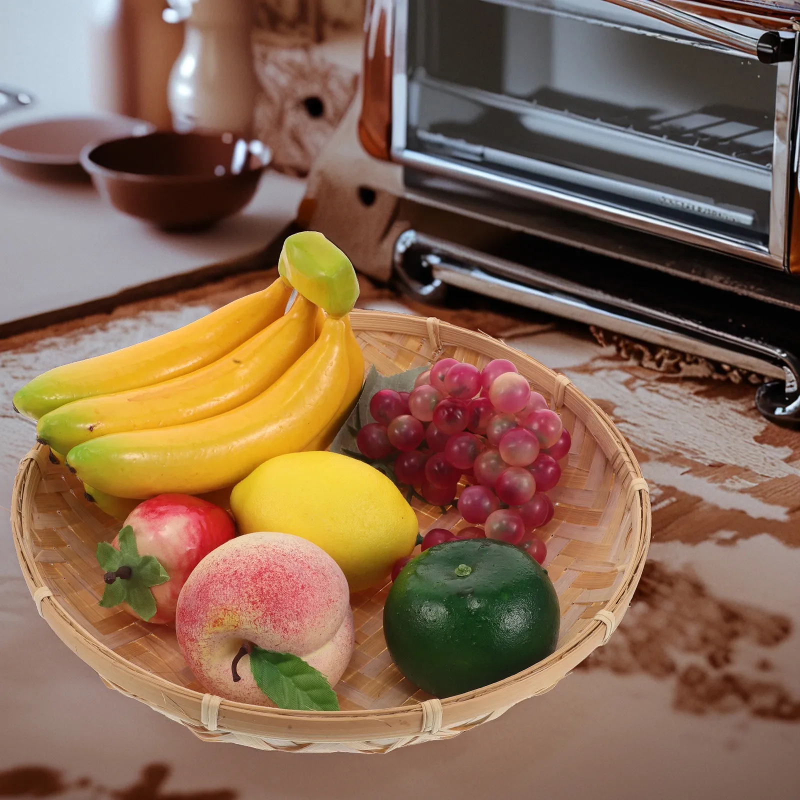 Woven Bamboo Tray Rustic Round Fruit Platter Snack Server Produce Basket Desktop Decorative Food Holder Reusable Storage
