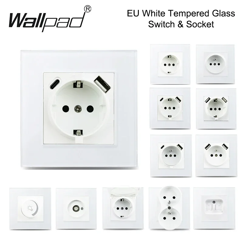 

220V Socket EU TypeC Crystal Glass Panel Power On Off Fand Dimmer Switch Euro French Power Socket with USB and Type C White