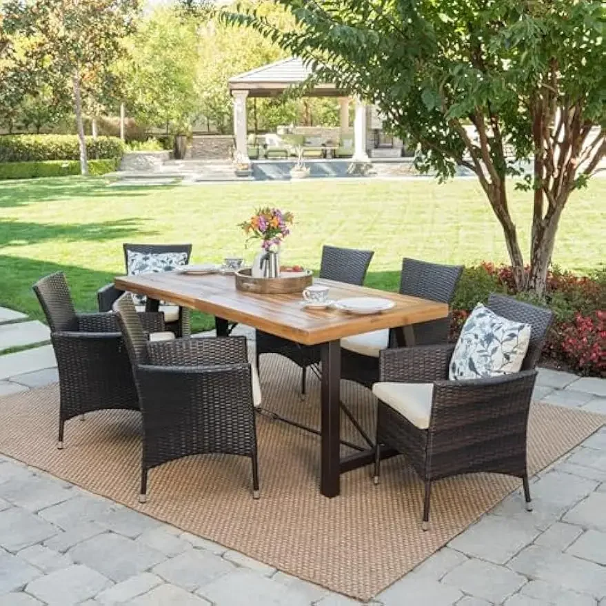 Torrens Outdoor 7 Piece Set with Wicker Dining Chairs with Water Resistant Cushions, 23.25 