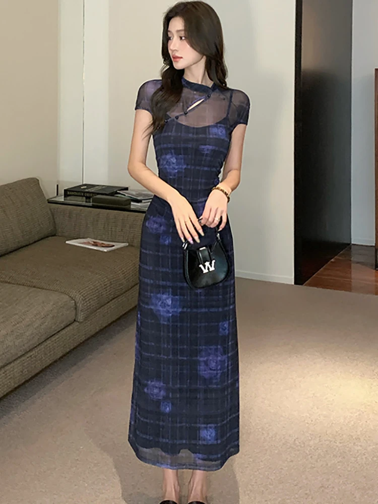 2025 bleu Floral Plaid Patchwork maille pure Sexy longue robe femmes coréen Vintage luxe robes été élégant moulante robes