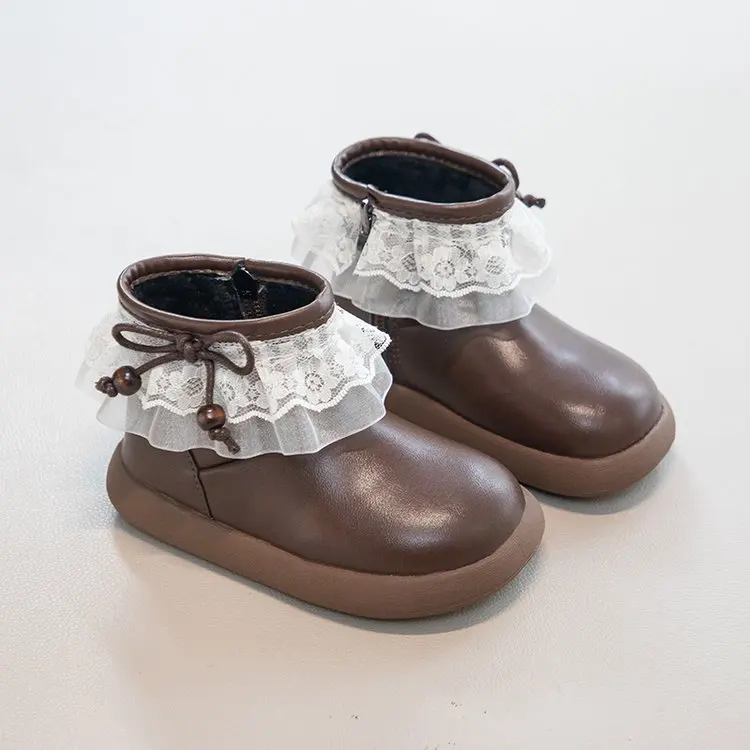 

Girls Padded Fashion Boots Bowknot Pearl Children's Cotton Shoes 2-18 Years Old Lightweight Non-slip Kids Short Leather Boots