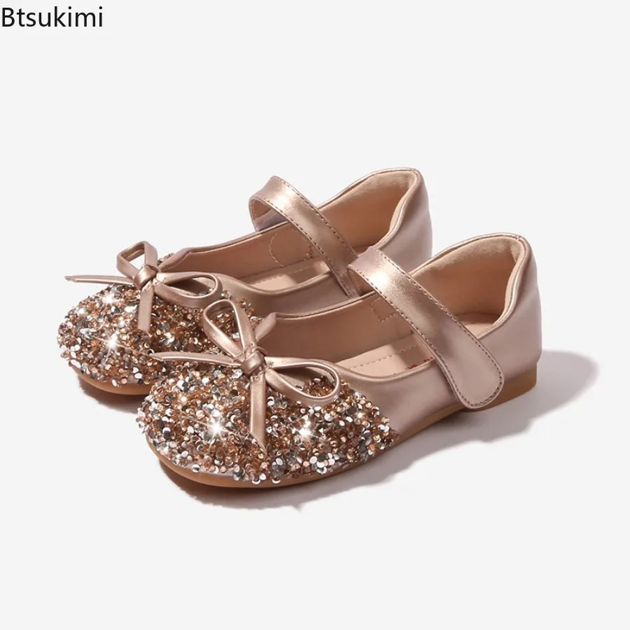 Autumn Spring Children's Flats Fashion Bow Sequin Baby Girls Shoes Mary Jane Evening Gift Kids Soft Soled Crystal Princess Shoes