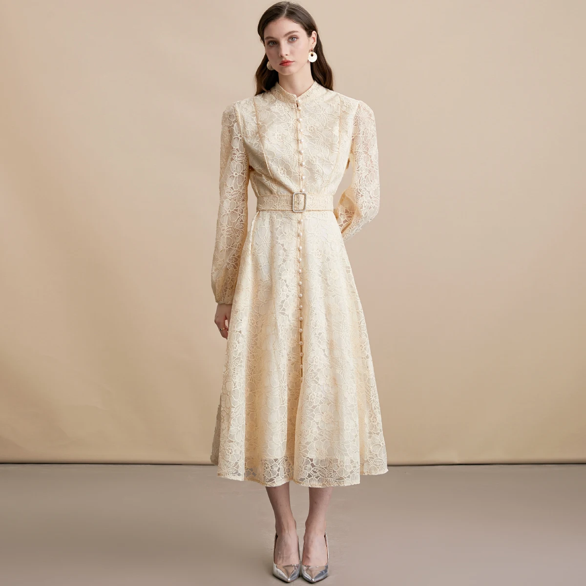 Jurken voor Vrouwen Nieuwe Lange Mouw Stand Kraag Slanke Vrouwen Jurk Elegante Kant A-LIJN Jurk Vrouwen Vestidos De Verano Mujer Q864