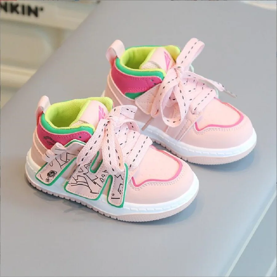 Children's Sports Shoes 2024 Autumn Boys' Casual Board Shoes High Top Fashion Girls' Net Red Shoes Soft Sole Baby Shoes 21-30