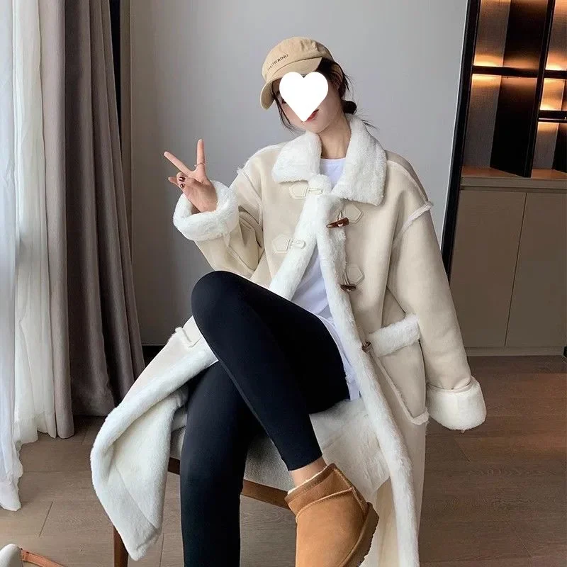 Suede and fur integrated horn buckle coat autumn and winter long thickened lamb fur integrated coat women