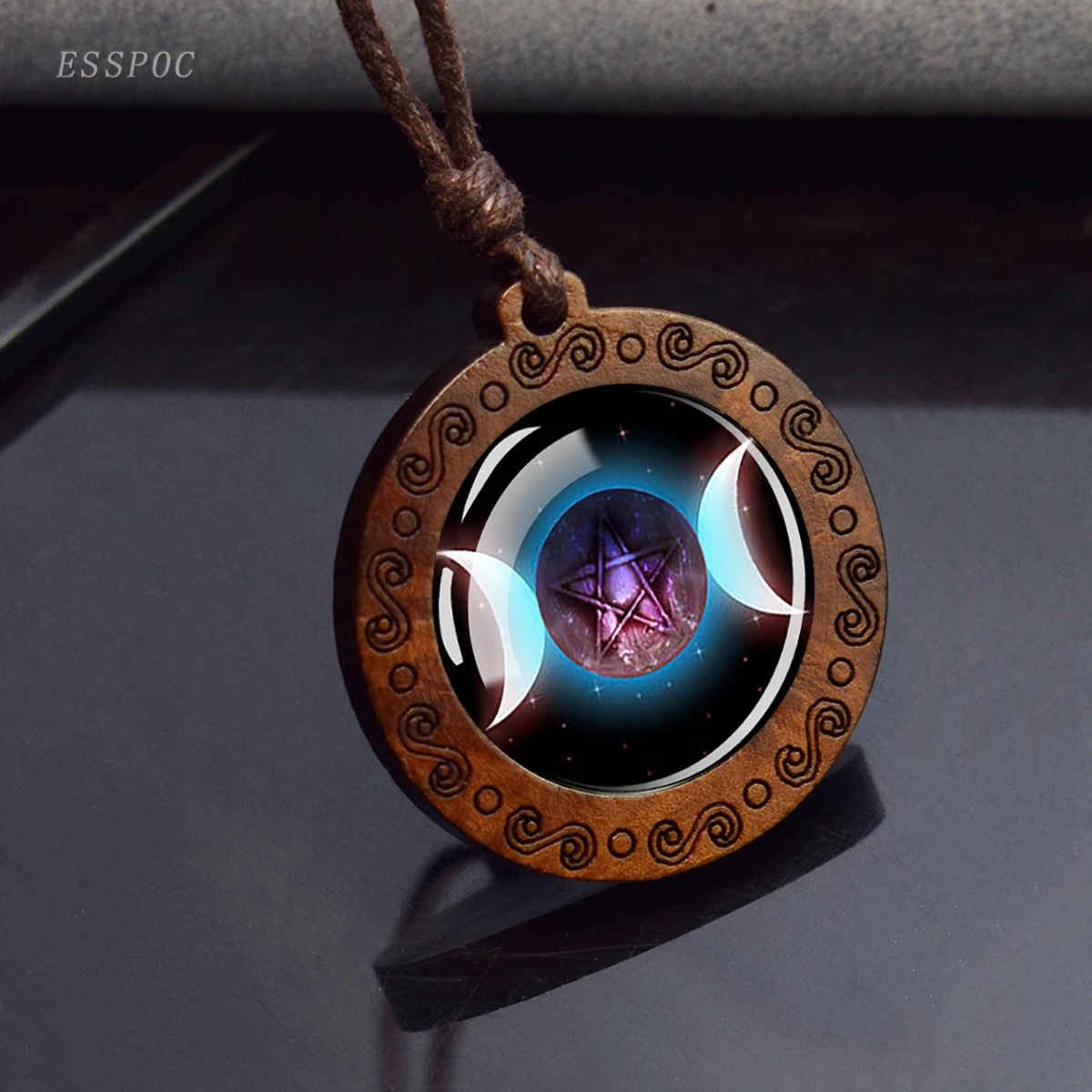 Triple Moon Goddess Glass Necklace Wood Pendant Wiccan Pentagram Necklace Vintage Magic Sign Jewelry Dropshipping