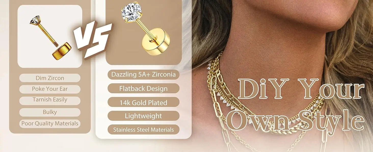13Pcs Hypoallergenic Stud Earrings Hoop Earrings Set for Women 14K Gold-plated Flat Back Cartilage Earring for Multiple Piercing