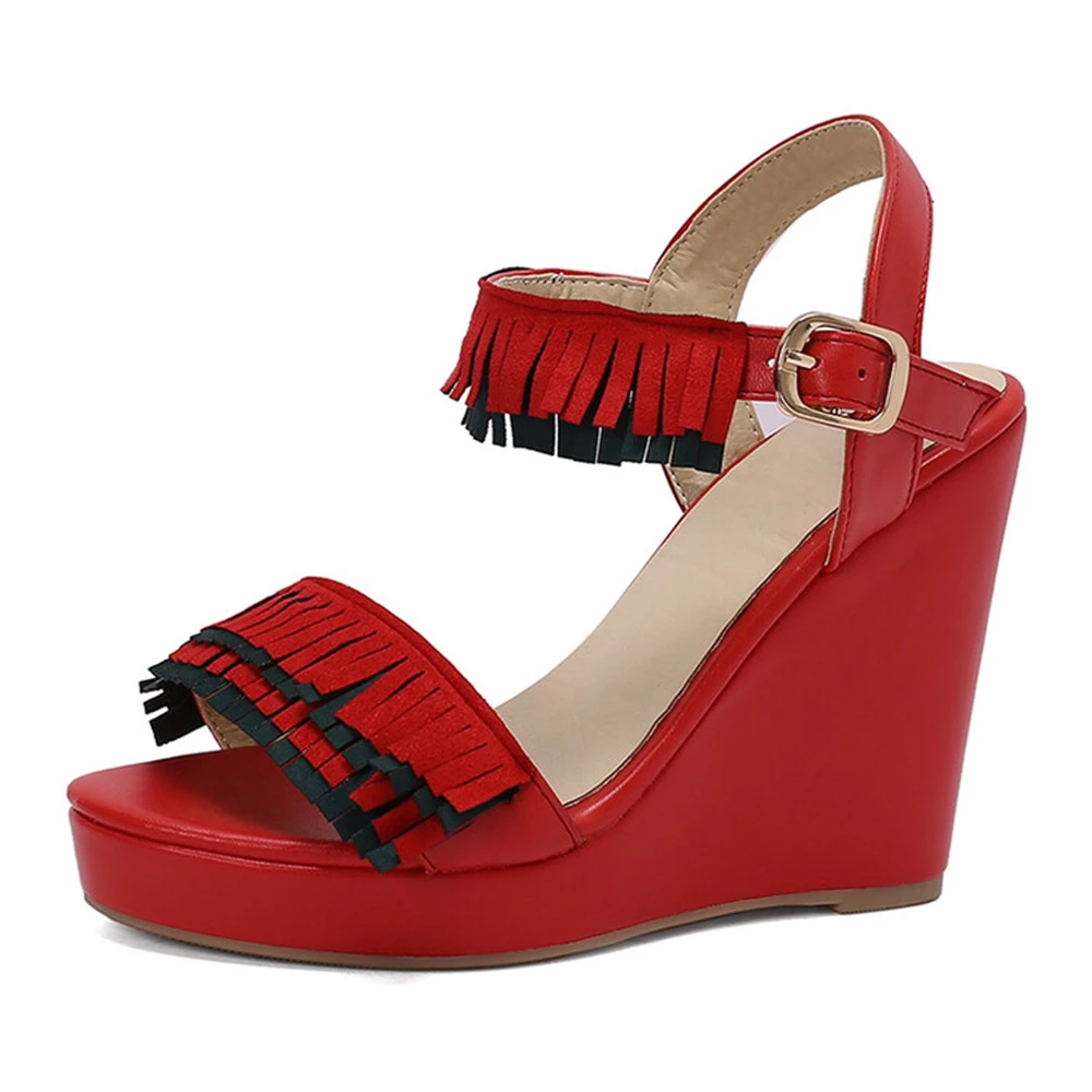 

BLXQPYT Сандалии женские кожаные на танкетке с открытым носком и пряжкой на ремешке с бахромой, женские сандалии-гладиаторы на платформе, большой размер 50, 338-30