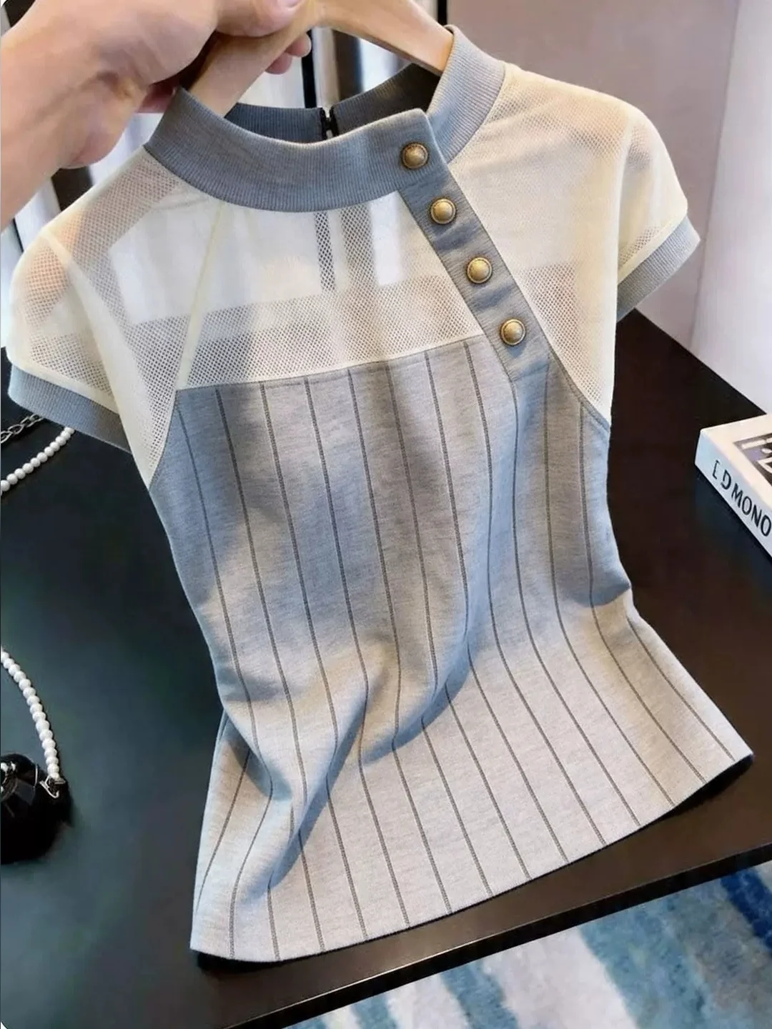 

Fashionable Korean Design Hollow out Short Sleeve T-Shirt Women's Summer New Style Versatile Top Quality Silk Material
