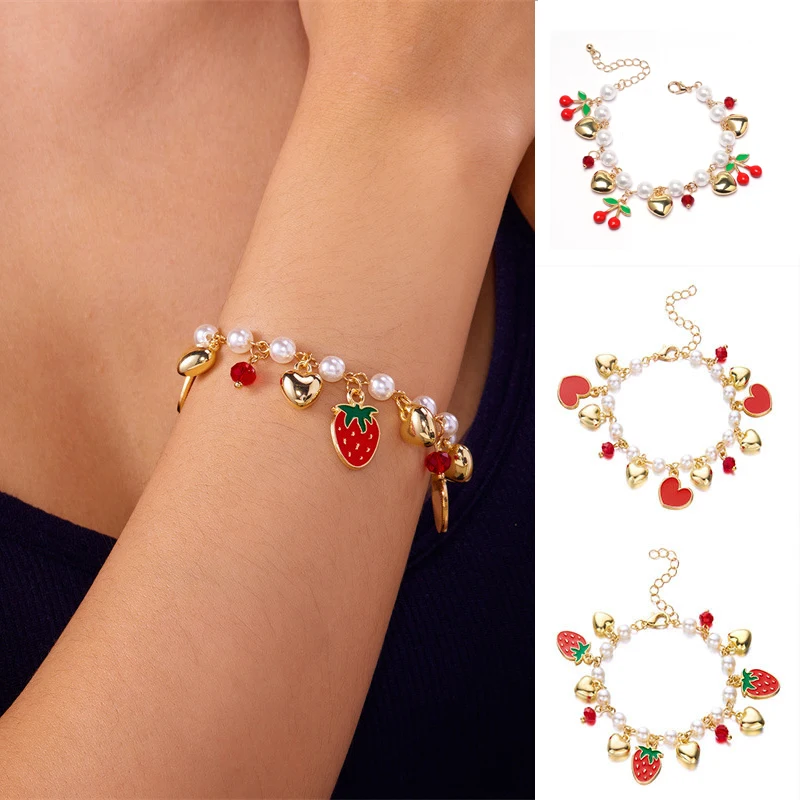 

Fashion Imitation Pearl Chain Bracelet For Women Lady Cute Cherry Strawberry Charms Bracelets Gold Heart Pendant Girls Wristband