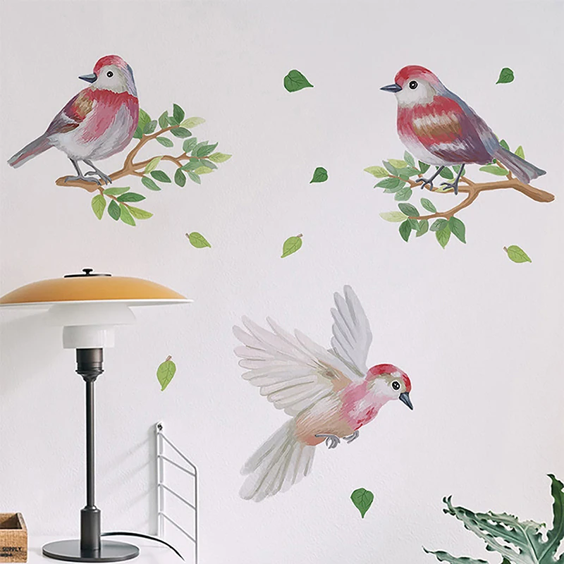 Chinese Style Vintage Bird Sticker Living Room Sofa Wall Decor Stickers Mural Art 3D Tree Branch Green Leaves Stiker