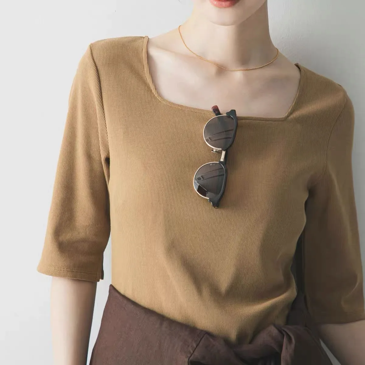 Summer New Pure Color Five-Quarter Sleeve Knitted T-Shirt Women's Loose Fit Moisture Wicking round Neck Top in Commuter Style