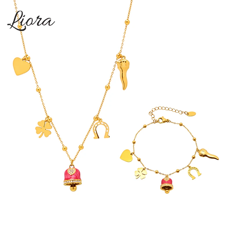 

Liora Lucky Clover Heart Small Bell Pendant Necklace Bracelet For Women Zircon Stainless Steel Chain Women Wedding Jewelry Gifts