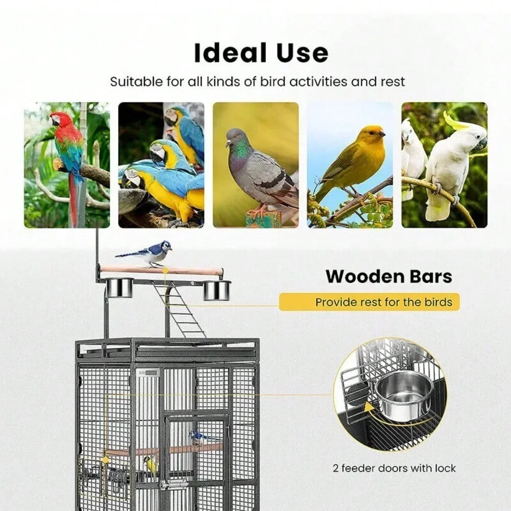 Wrought Iron Large Bird Cage w/ Play Top, Rolling Stand Parrots Conures Lovebird