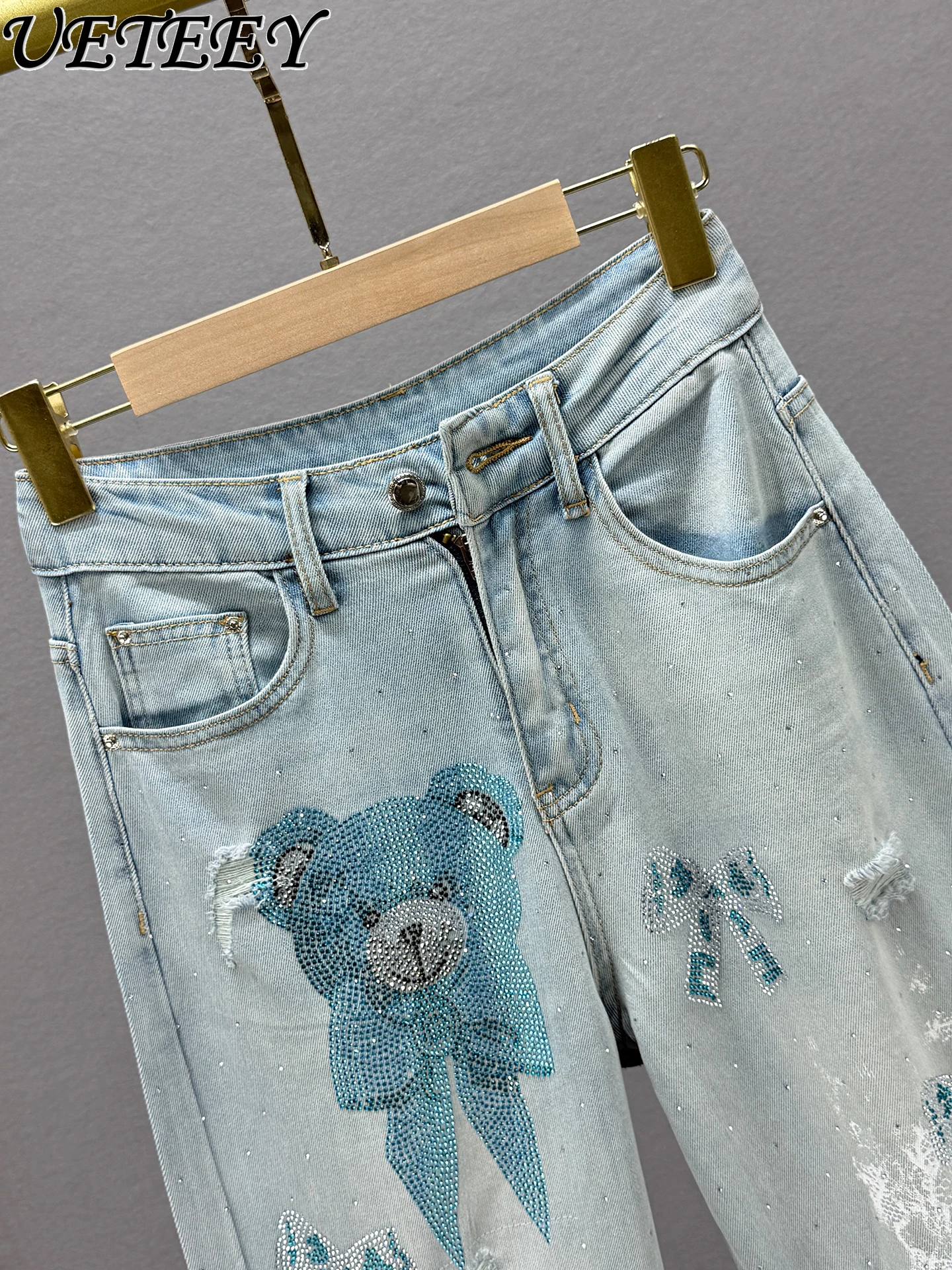 

2025 Spring and Autumn New High-Waisted Loose Slimming Denim Pants European Style Rhinestone Long Baggy Jeans for Women