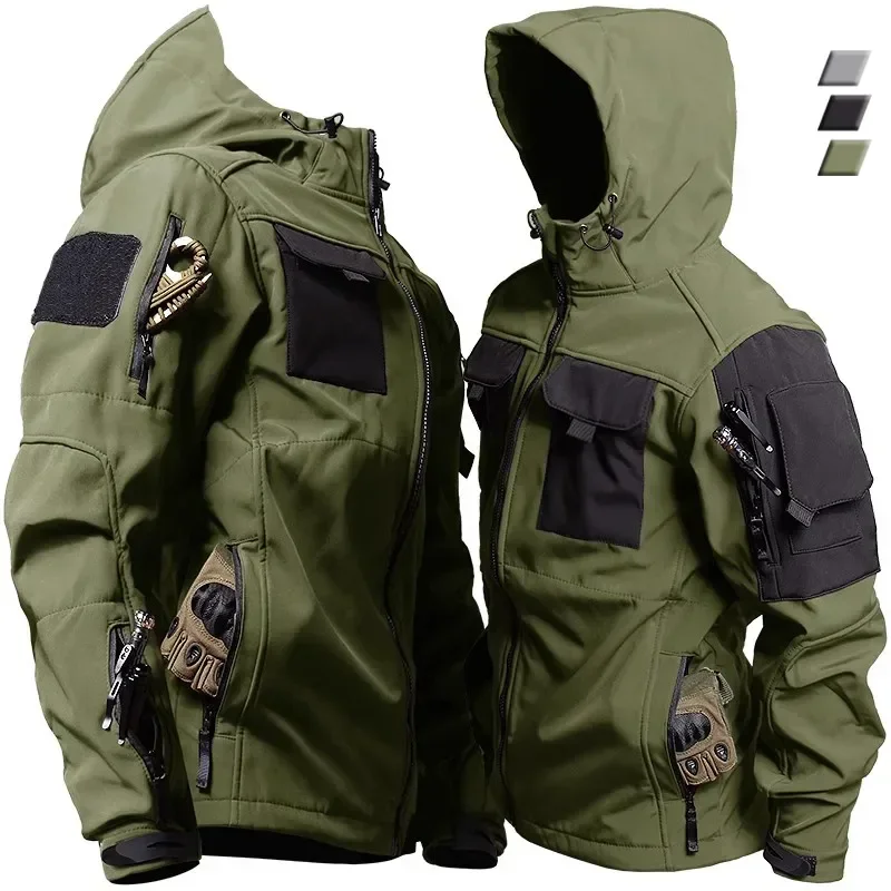 2024 Tactical Jackets Men Military Soft Shell Waterproof Windproof Hooded Jacket Outdoor Functional Uniforms Multi-pockets