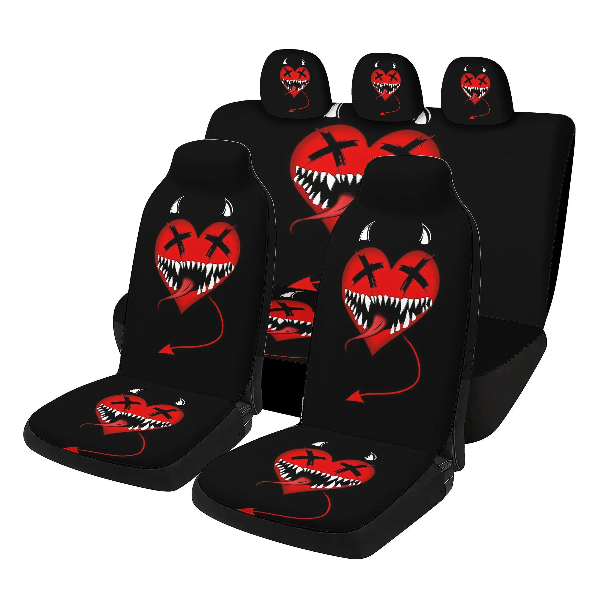 Heart-shaped Demon Design Car  Covers Set - 7pcs, Including 2 Front  Covers + 1 Rear  Back Cover + 1Rear  Cover