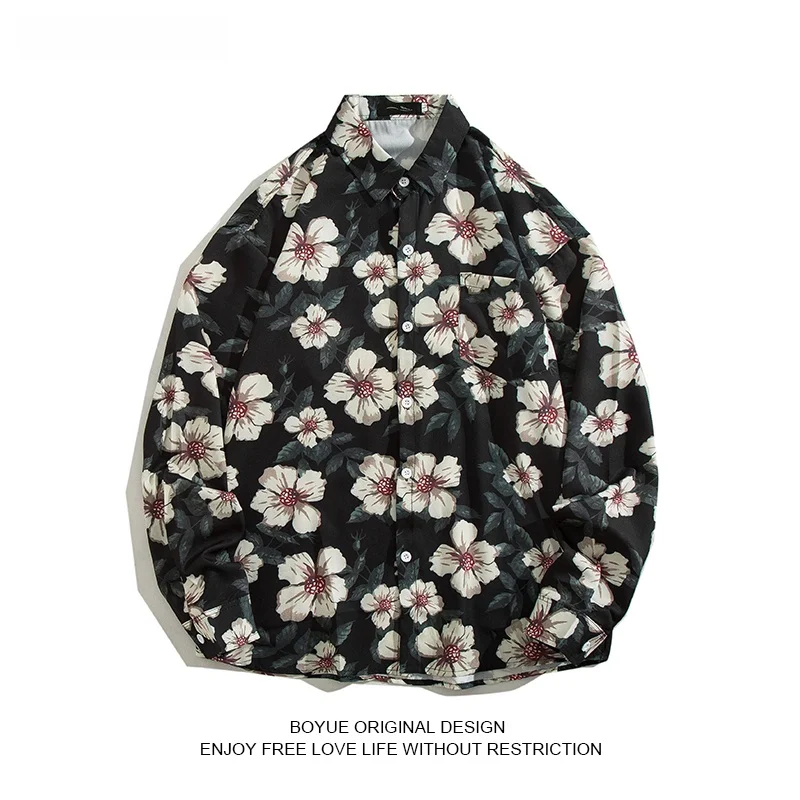 

Boyue Long Sve Floral irt Loose Men's Casual INS Trendy Autumn Plant Pattern Point Collar Youth ular Faion