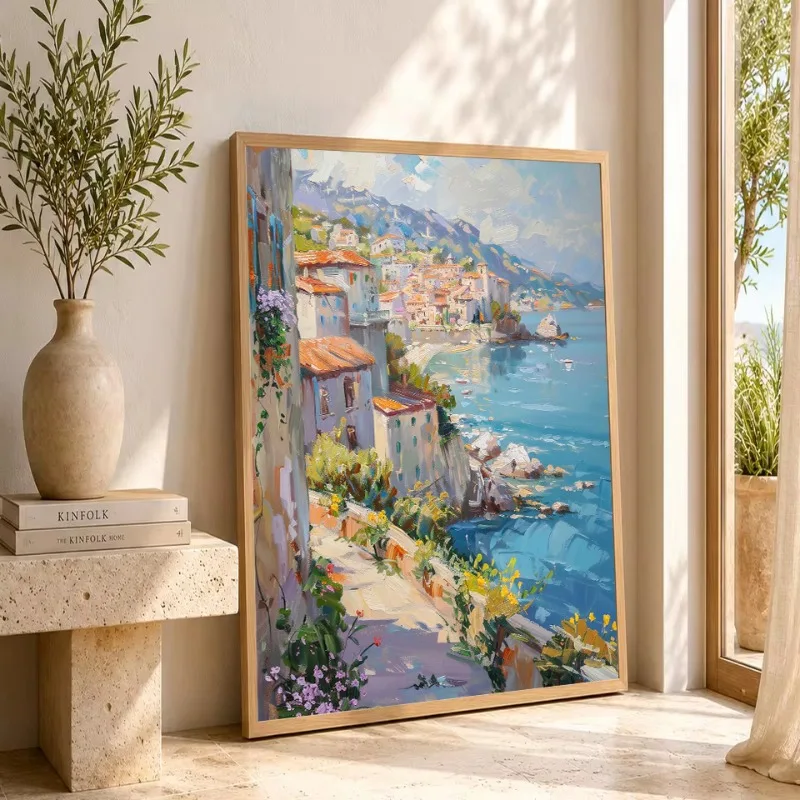 Vintage Italian Village Sunlit Waters Harbor Amalfi Coast View Lemon Bouquet Poster Canvas Painting Wall Pictures Home Decor