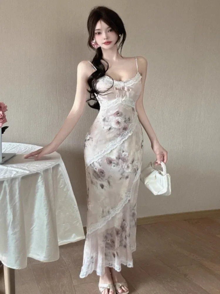 Woman Dress Floral Printed Sexy Lace Patchwork Sleeveless Slim Elegant Bow Vintage Party Dresses Backless Ladies Summer