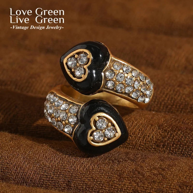 

Vintage Black Love Drip Oil Heart Rings Rhinestone Gold Color Unique Fashion Luxury Jewelry For Women Thanksgiving Wedding 2025