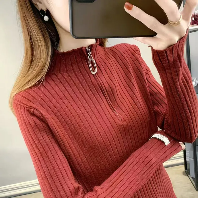 

Pulls Femmes Slim Short Sweater For Women Stand Collar Knitwear Spring Autumn Jumper Long Sleeve Woolen Tops Female Blouse