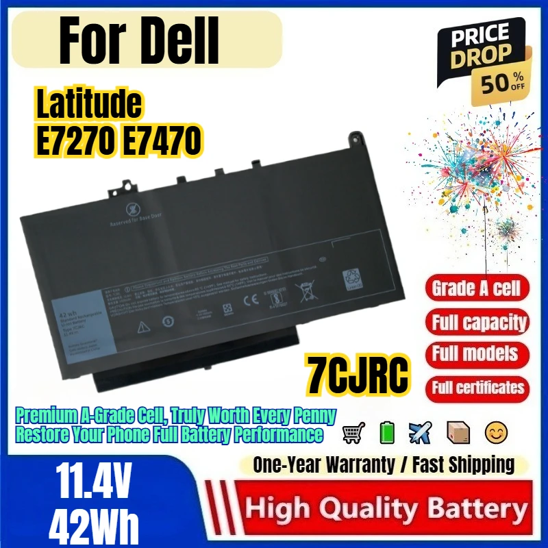 7CJRC for Dell Latitude E7270 E7470 Laptop Battery  0 Cycle High Quality High Capacity Battery Replacement Bateria Grade A Cell