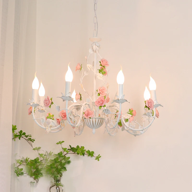 Rural Bedroom French Living Room Kids Room Chandelier Iron Flowers Plants Light American Retro Fresh Pendant Lighting Fixtures