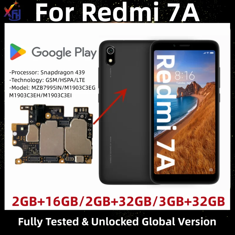 Motherboard for Redmi 7A, MZB7995IN, 16GB, 32GB ROM, Original Mainboard, Unlocked Logic Board