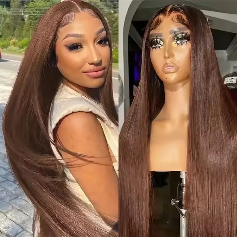 

200 Density Chocolate Brown Straight Lace Front Wigs Human Hair 13x4 13x6 HD Transparent Lace Frontal Wig Pre Plucked Wig 52Inch