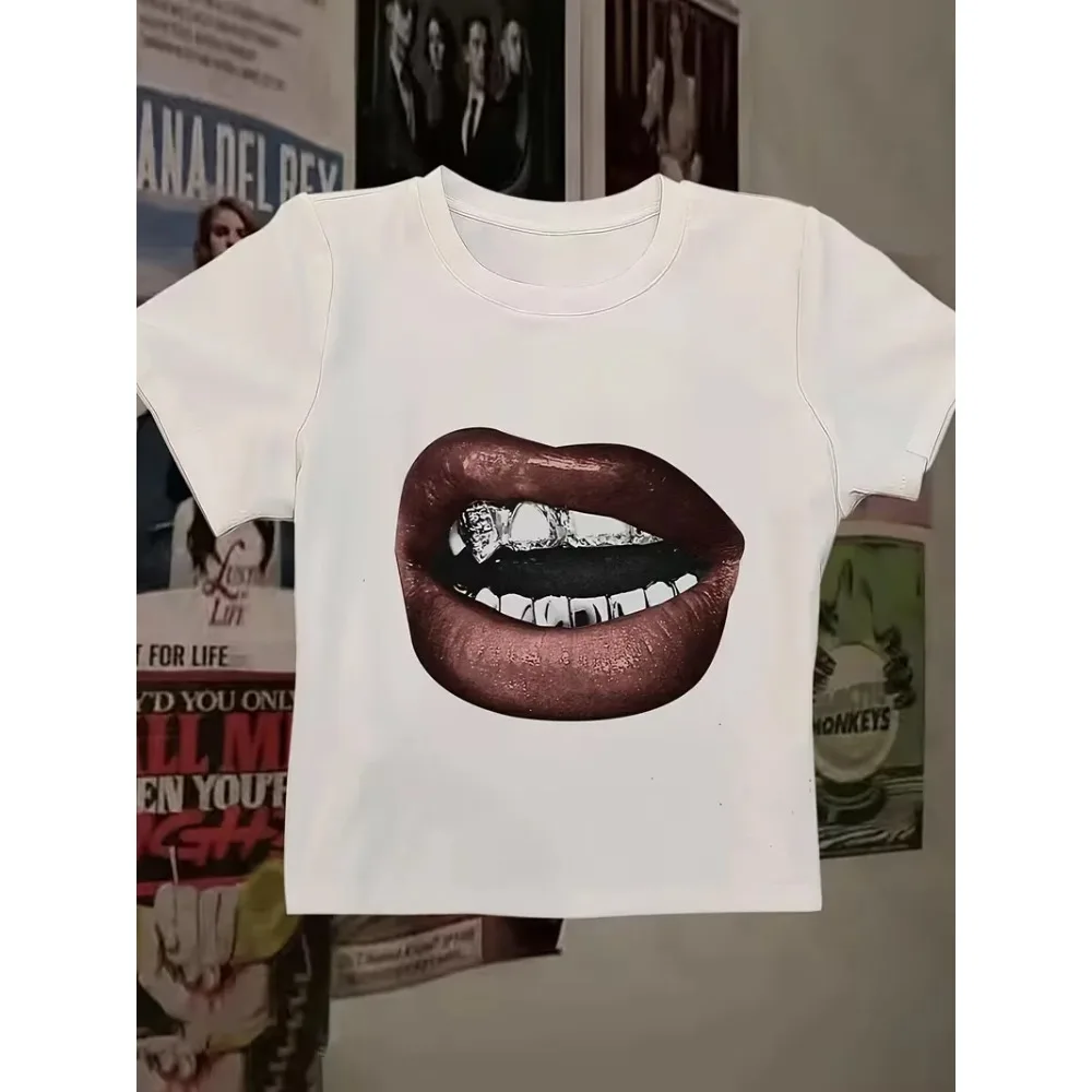 Women  Be Real No Cap Grillz Lips Hip Hop Graphic T-Shirt Retro Streetwear Print Casual Crew Neck Short Sleeve Harajuku Kawaii