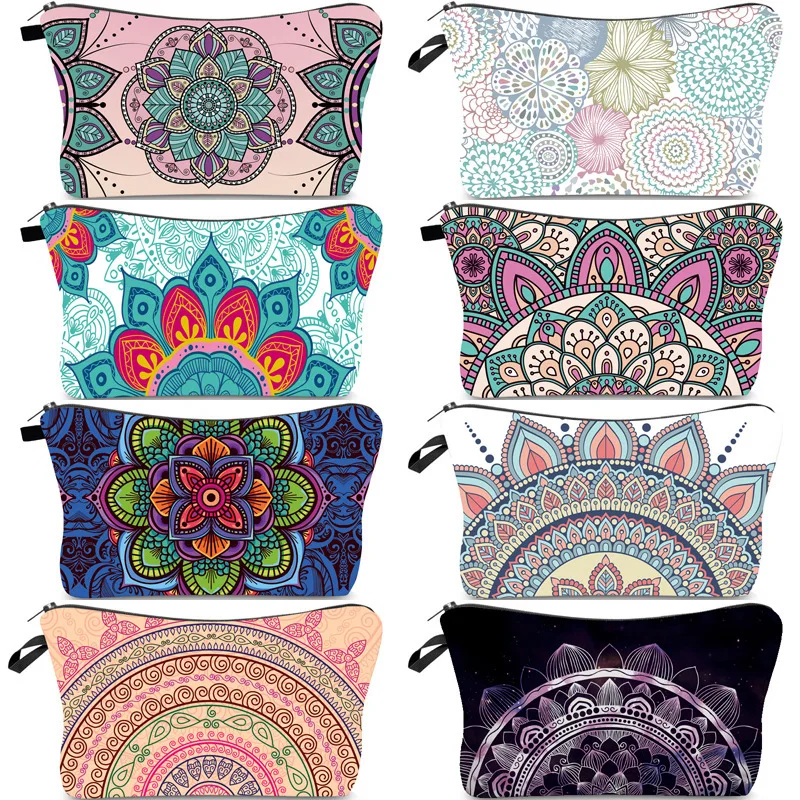 Borsa cosmetica per fiori Mandala per donna, borse per il trucco robuste con cerniera borsa da toilette borsa da viaggio per imballaggio accessori