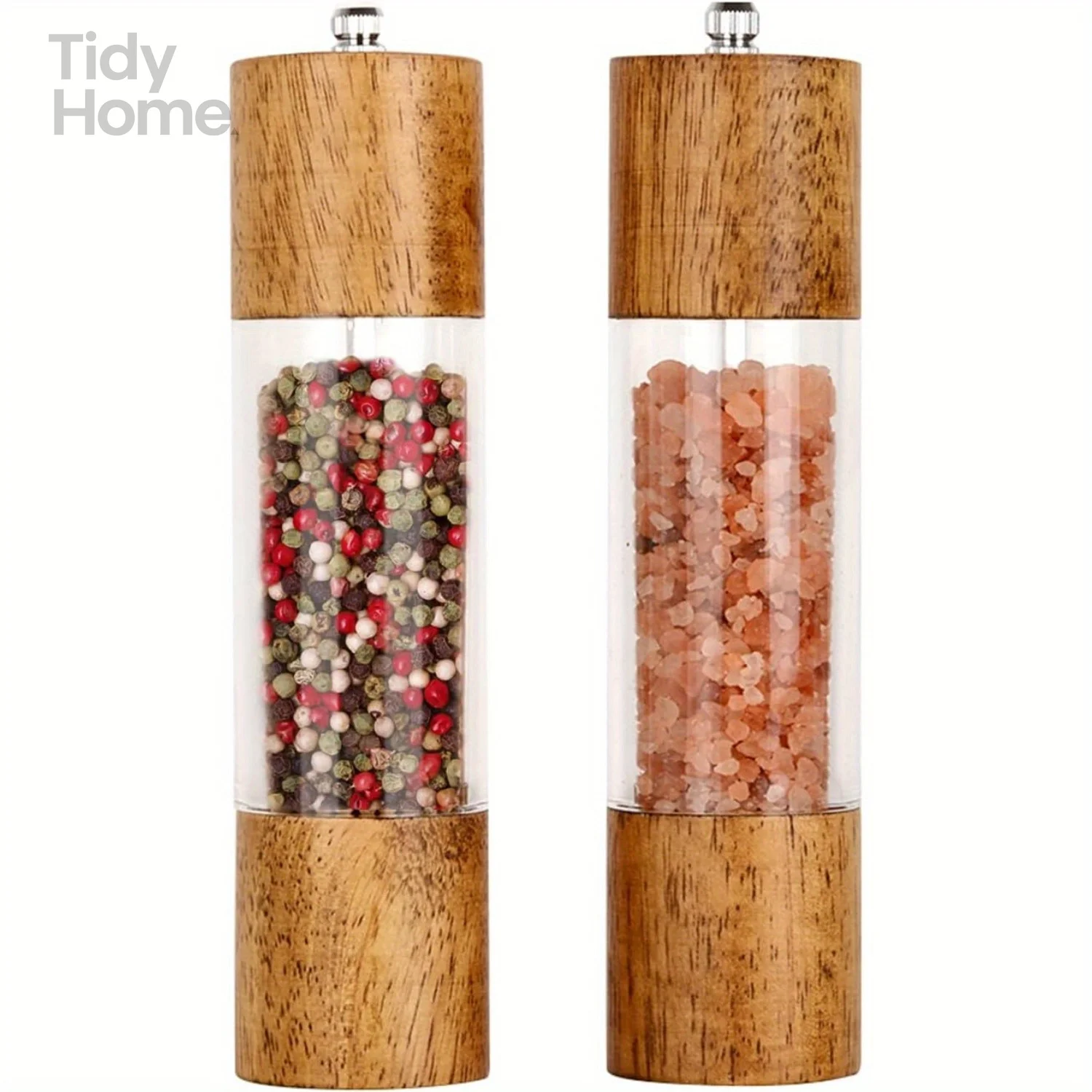 2Packs Premium Acrylic Salt and Pepper Mill Set,Manual Salt and Pepper Grinder,Wooden Pepper Grinder Set,for kitchen,restaurant