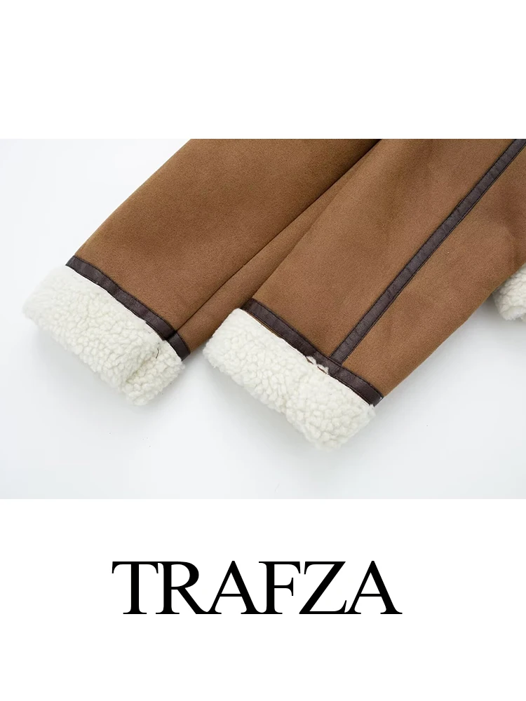 Trafza feminino inverno moda turn down collar pele de cordeiro tudo-em-um casaco bomber feminino bolso com zíper alta rua quente jaqueta curta