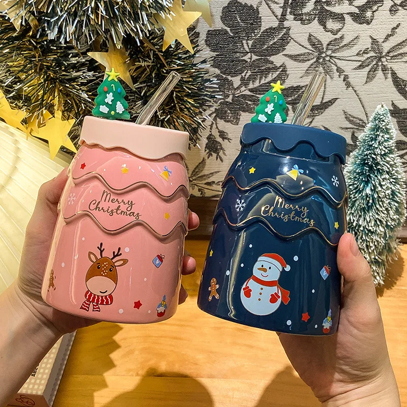 Creative Christmas Mugs Cartoon Xmas Tree Shape Santa Claus Elk Snowman Bell Ceramic Cup with Lid and Straw Coffee Mug Xmas Gift