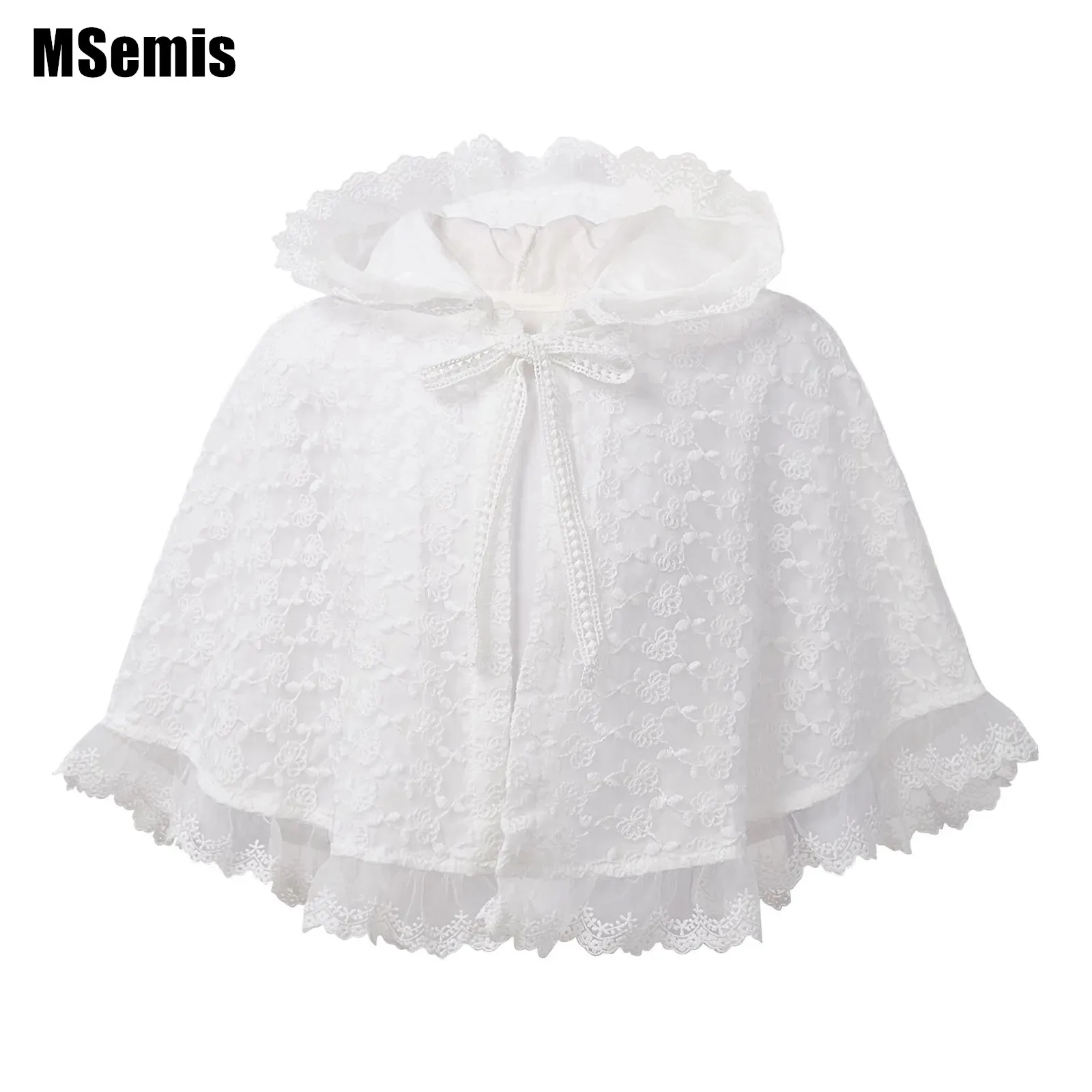 

Baby Girls Ruffle Hooded Cape Cute Floral Embroidery Floral Lace Layer Self-Tie Hoodie Cape for Photography Party