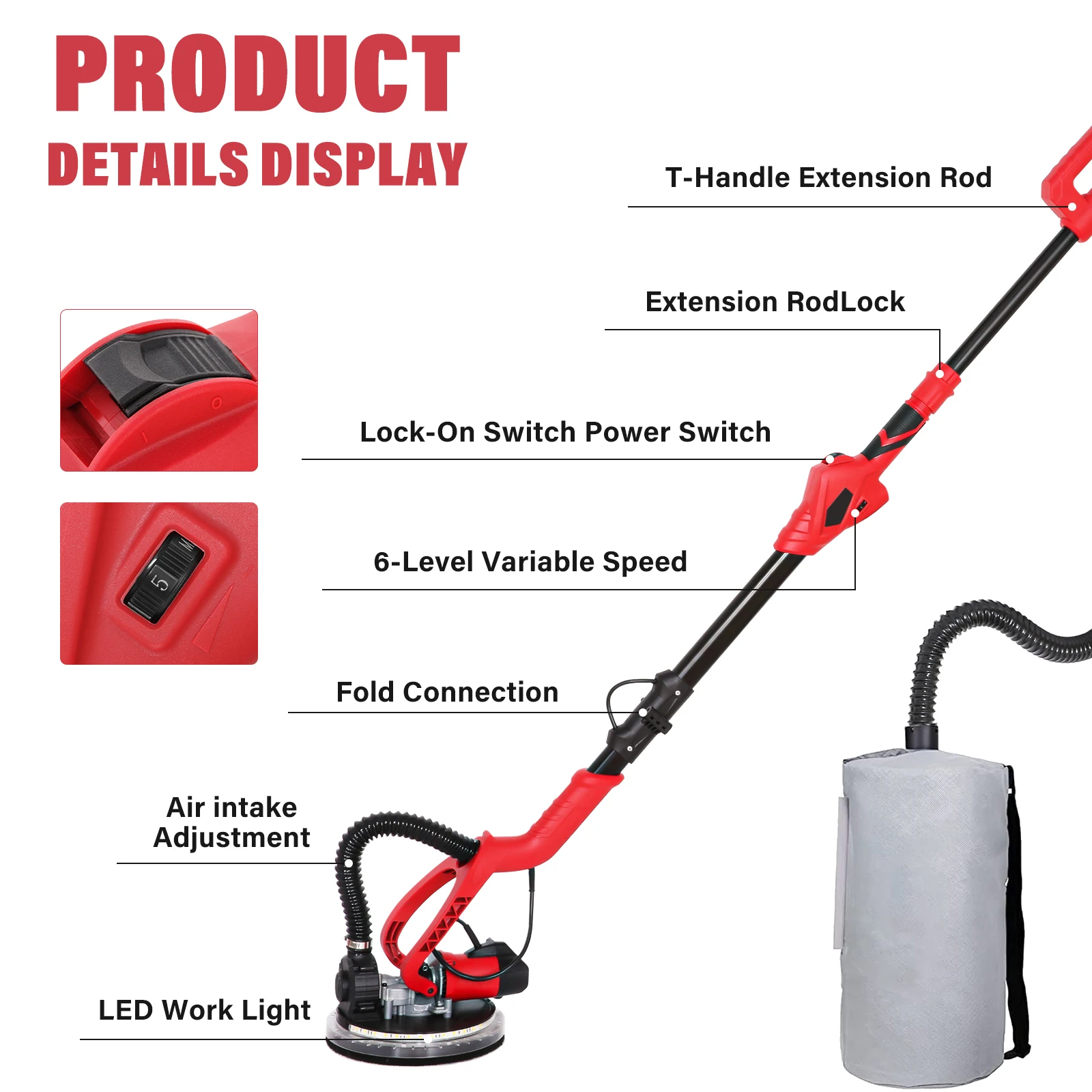 ماكينة صنفرة الحوائط الجافة 750 وات 6A مع 14 قطعة من أقراص الصنفرة 6 سرعات متغيرة 1100-1850 دورة في الدقيقة ماكينة صنفرة الحوائط الجافة الكهربائية مع ضوء LED #4